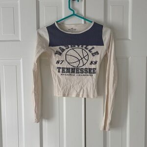 Hollister Cream and Navy Graphic Long Sleeve Tee